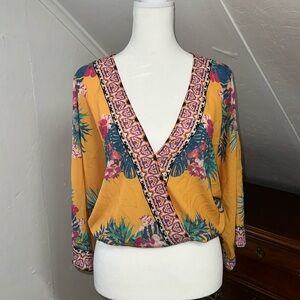 Flying Tomato Floral, vibrant‎ colors, elastic waist. V-neck, Boho Style size XS